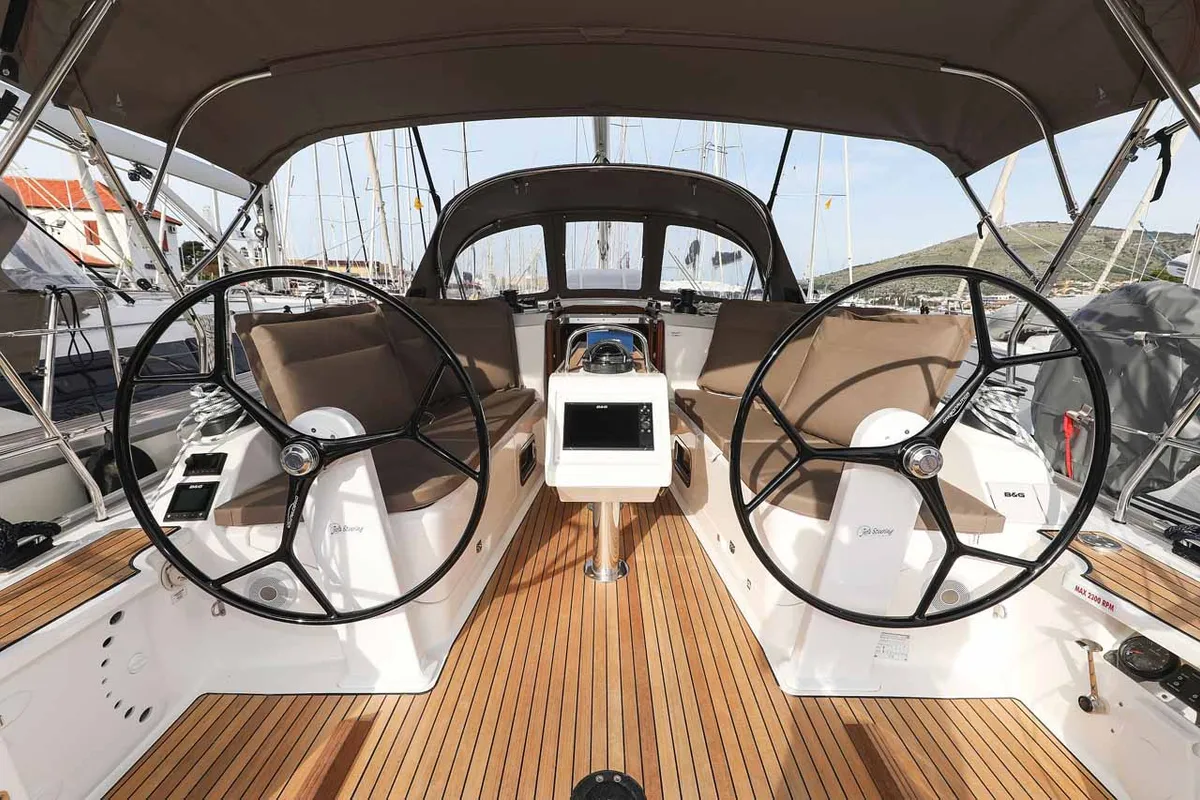 Cockpit of Pura Vida, a Bavaria Cruiser 37 Style sailboat at Grad Trogir, Croatia