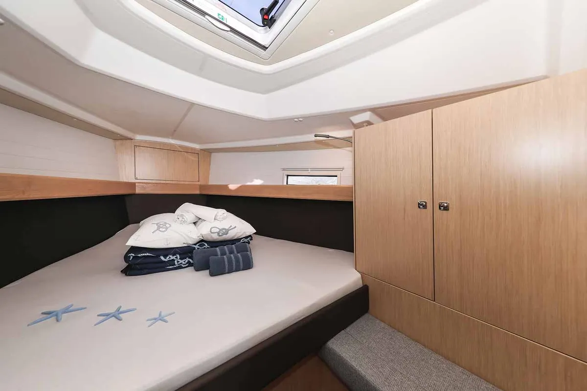 Cabin on Pura Vida, a Bavaria Cruiser 37 Style sailboat at Grad Trogir, Croatia