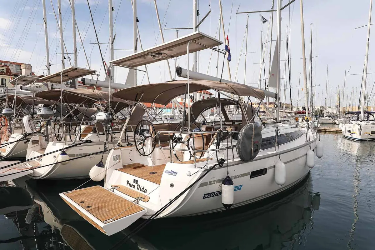 Exterior view of Pura Vida, a Bavaria Cruiser 37 Style sailboat at Grad Trogir, Croatia