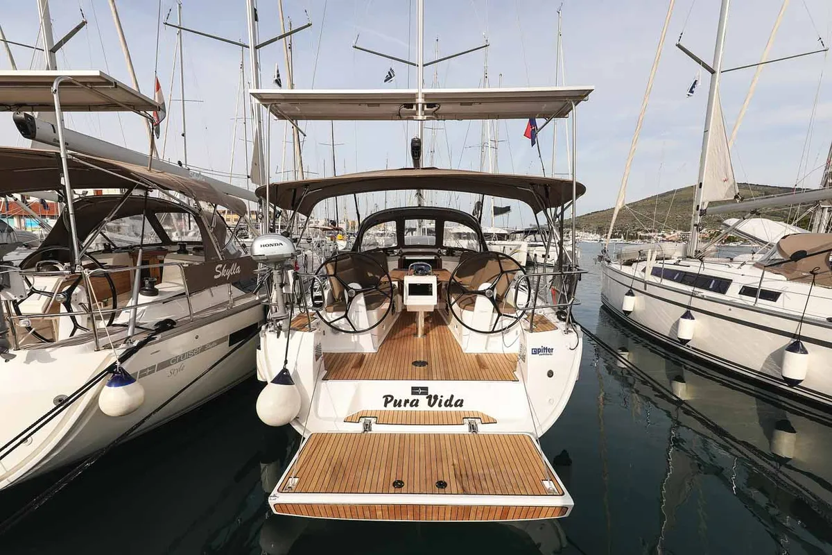 Exterior view of Pura Vida, a Bavaria Cruiser 37 Style sailboat at Grad Trogir, Croatia