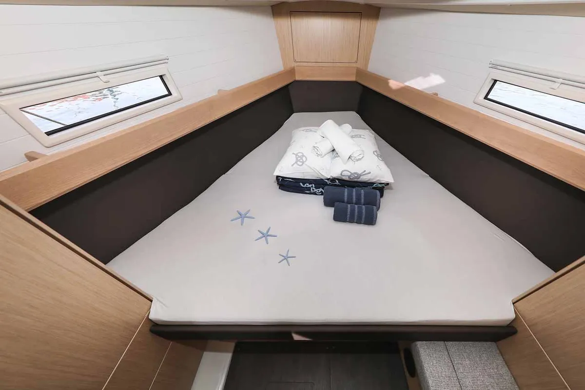 Cabin on Pura Vida, a Bavaria Cruiser 37 Style sailboat at Grad Trogir, Croatia