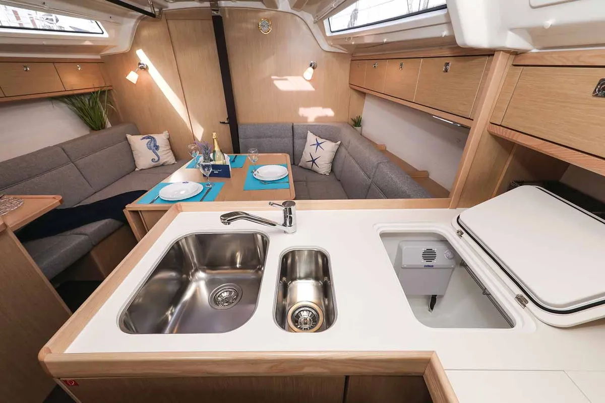 Galley of Pura Vida, a Bavaria Cruiser 37 Style sailboat at Grad Trogir, Croatia