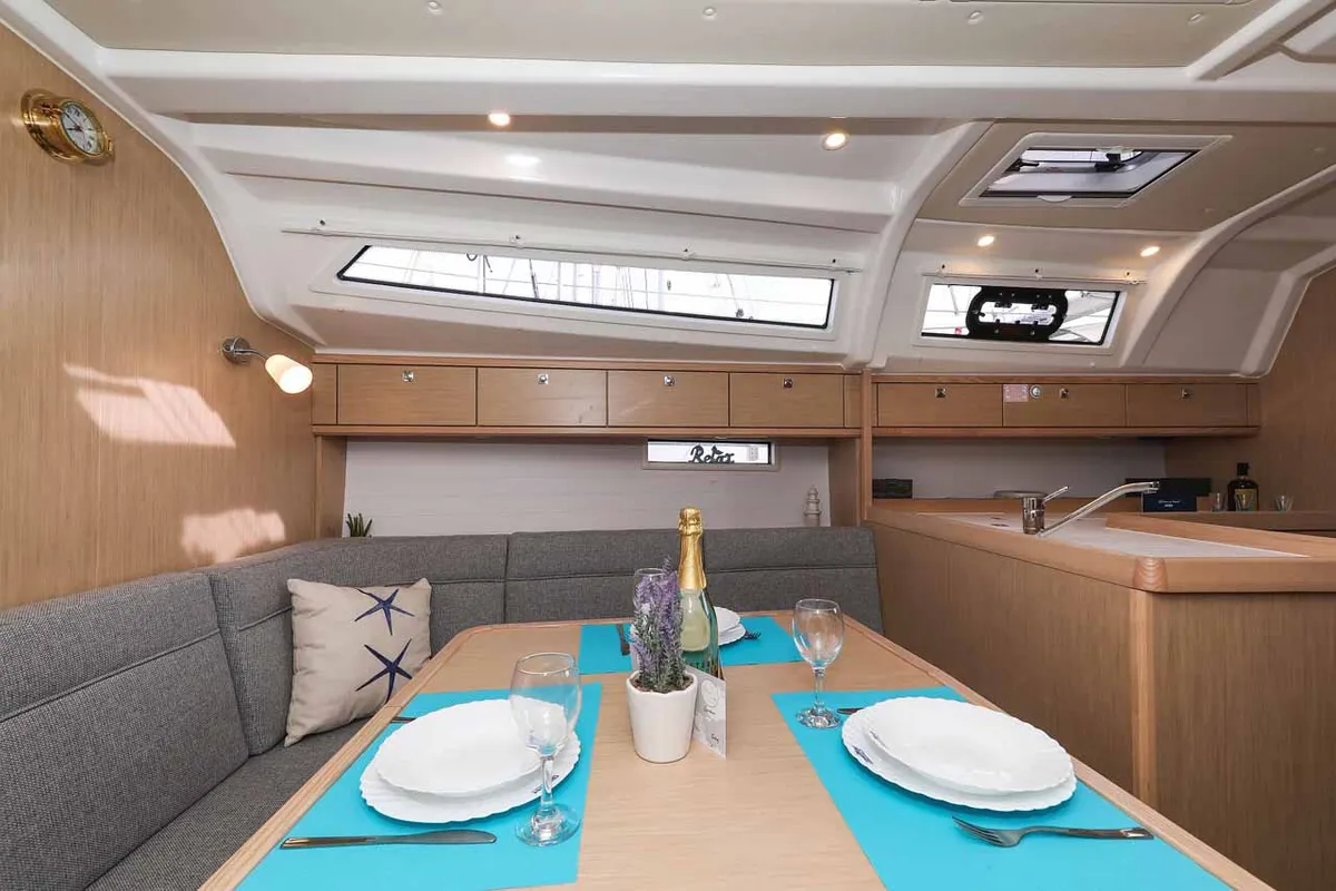 Salon of Pura Vida, a Bavaria Cruiser 37 Style sailboat at Grad Trogir, Croatia