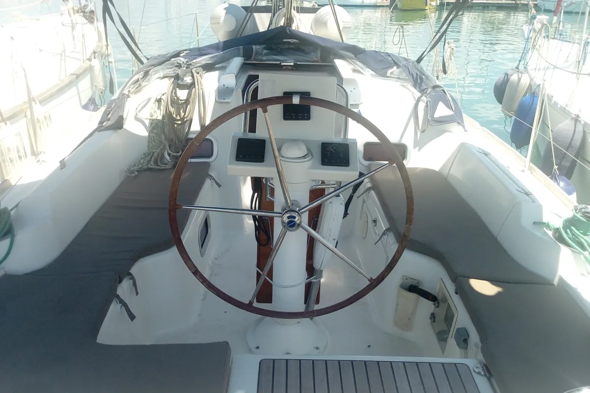 Cockpit of Trizonia, a Beneteau Oceanis 31 sailboat at Municipal Unit of Lefkada, Greece