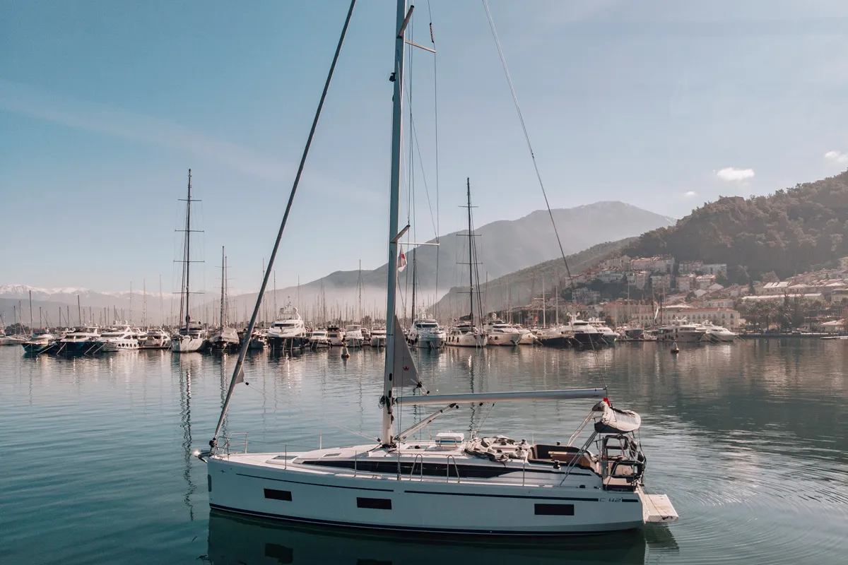 Exterior view of Aruna, a Bavaria C42 sailboat at Fethiye, Turkey