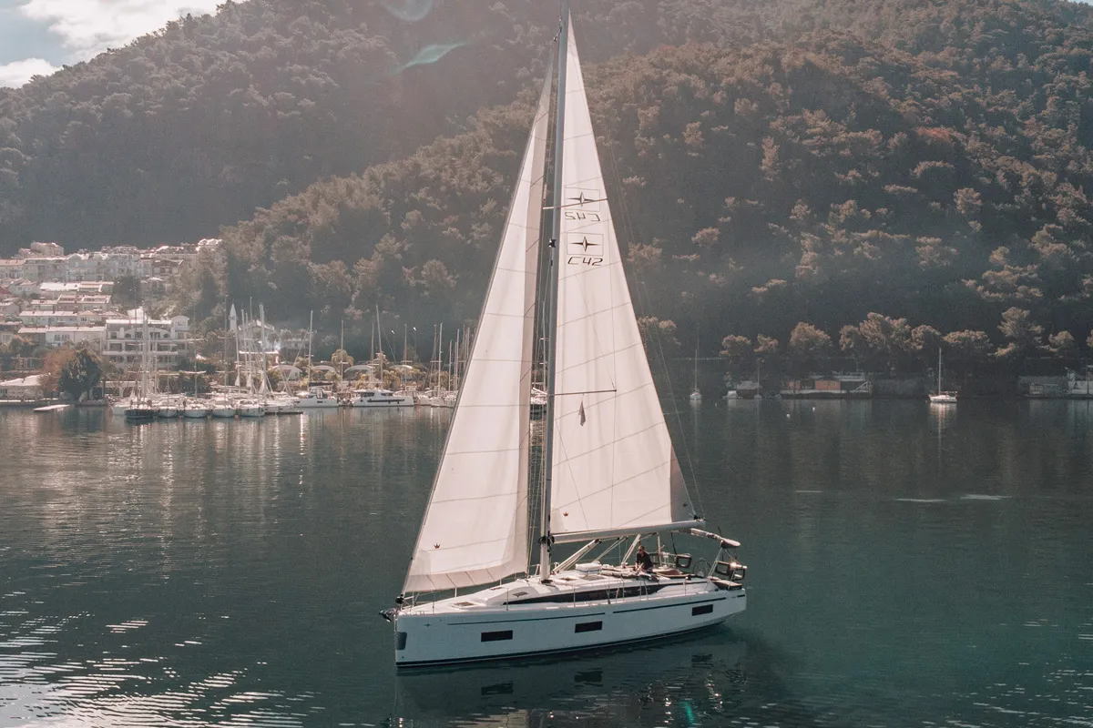 Exterior view of Aruna, a Bavaria C42 sailboat at Fethiye, Turkey