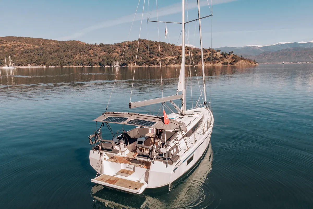Exterior view of Aruna, a Bavaria C42 sailboat at Fethiye, Turkey