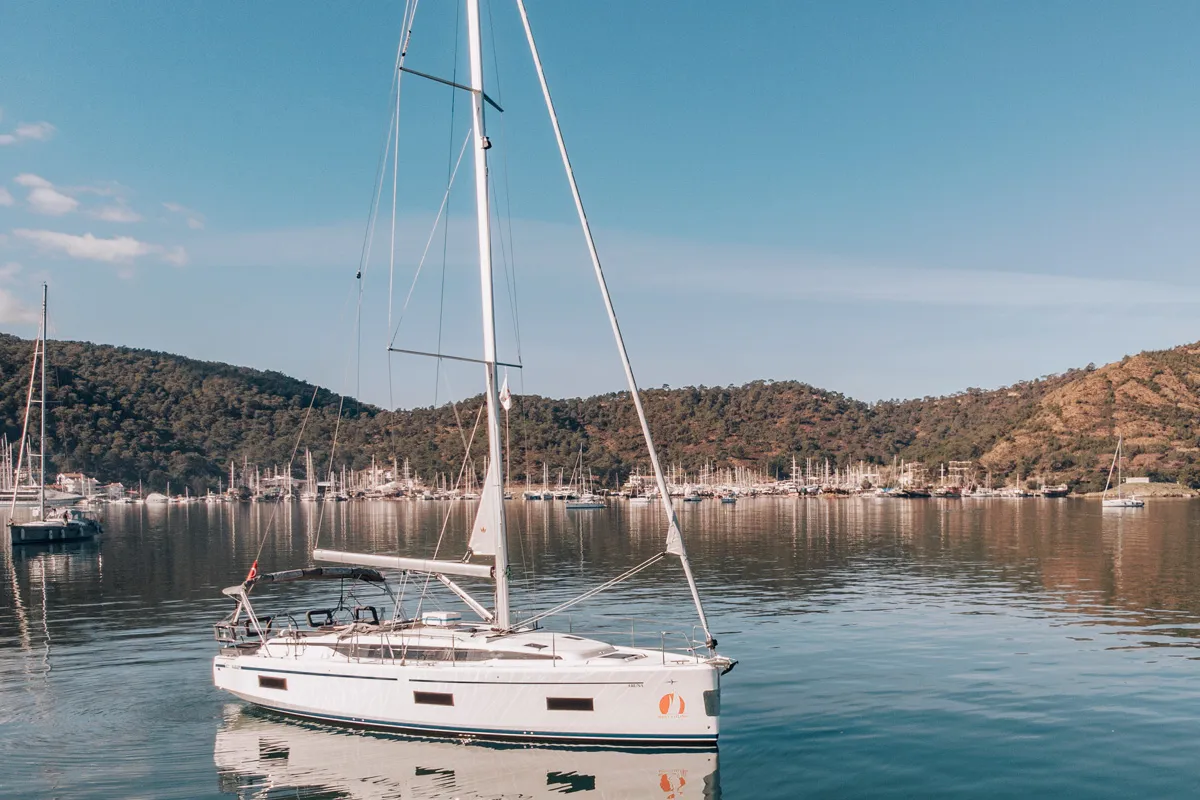 Exterior view of Aruna, a Bavaria C42 sailboat at Fethiye, Turkey