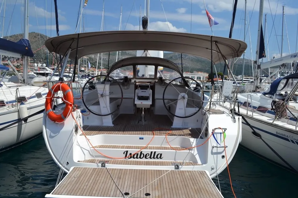 Cockpit of Isabella, a Bavaria Cruiser 51 sailboat at Seget Donji, Croatia