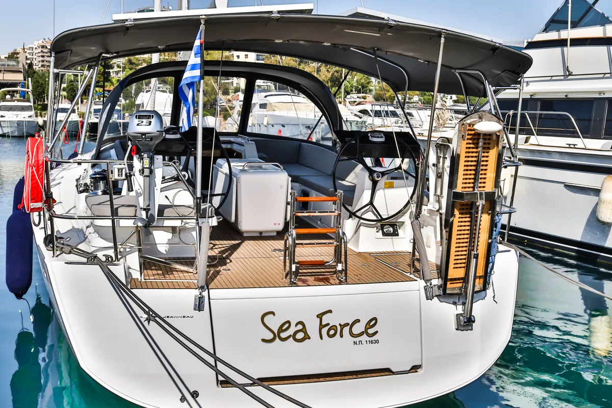 Exterior view of Sea Force, a Jeanneau 54 sailboat at Athens, Greece