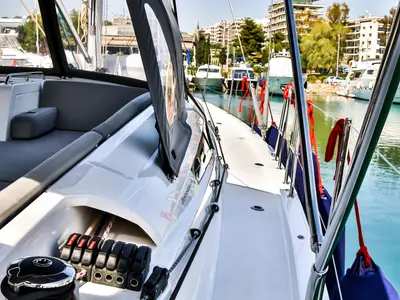 Deck of Sea Force, a Jeanneau 54 sailboat at Athens, Greece