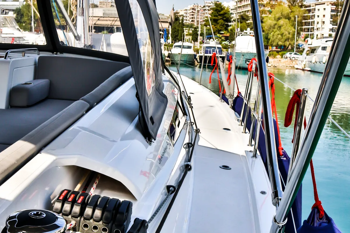 Deck of Sea Force, a Jeanneau 54 sailboat at Athens, Greece