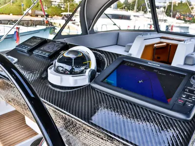 Cockpit of Sea Force, a Jeanneau 54 sailboat at Athens, Greece