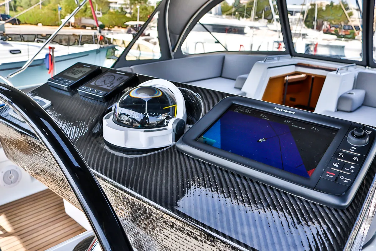 Cockpit of Sea Force, a Jeanneau 54 sailboat at Athens, Greece