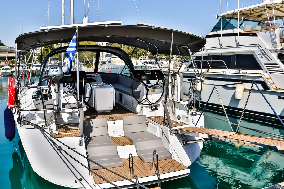 Exterior view of Sea Force, a Jeanneau 54 sailboat at Athens, Greece
