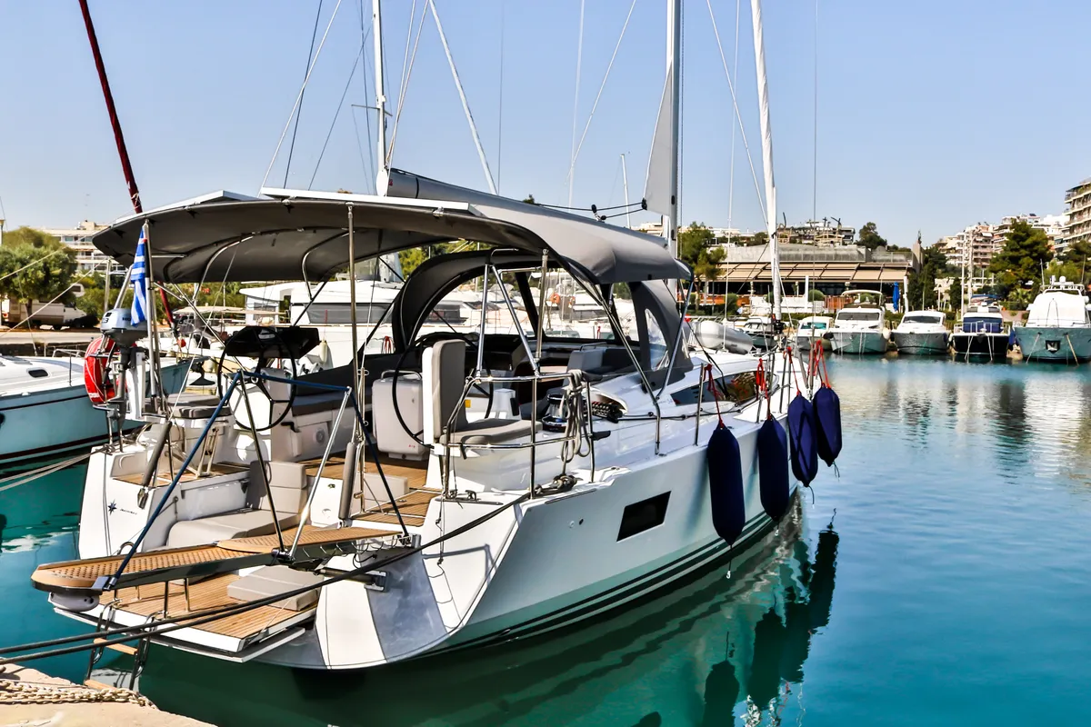 Exterior view of Sea Force, a Jeanneau 54 sailboat at Athens, Greece