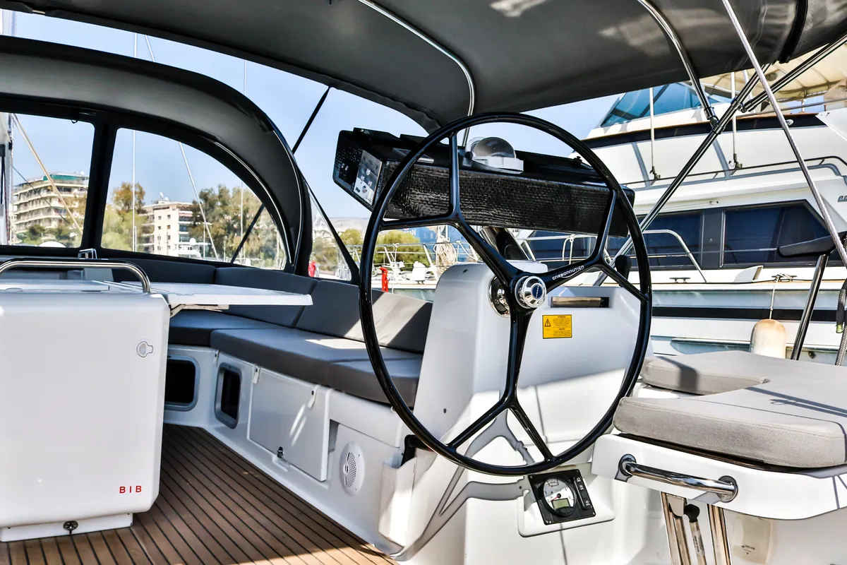 Cockpit of Sea Force, a Jeanneau 54 sailboat at Athens, Greece