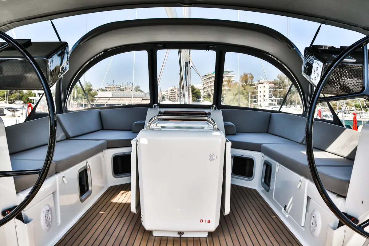 Cockpit of Sea Force, a Jeanneau 54 sailboat at Athens, Greece