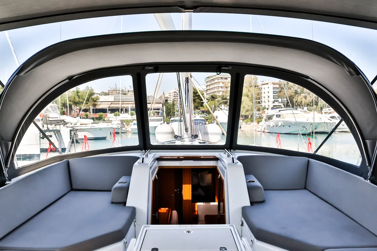 Deck of Sea Force, a Jeanneau 54 sailboat at Athens, Greece