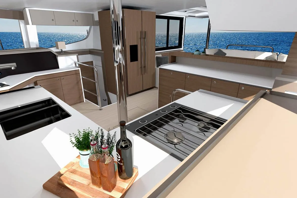 Galley of Blue Diamond, a Bali 4.4 catamaran at Municipal Unit of Lefkada, Greece