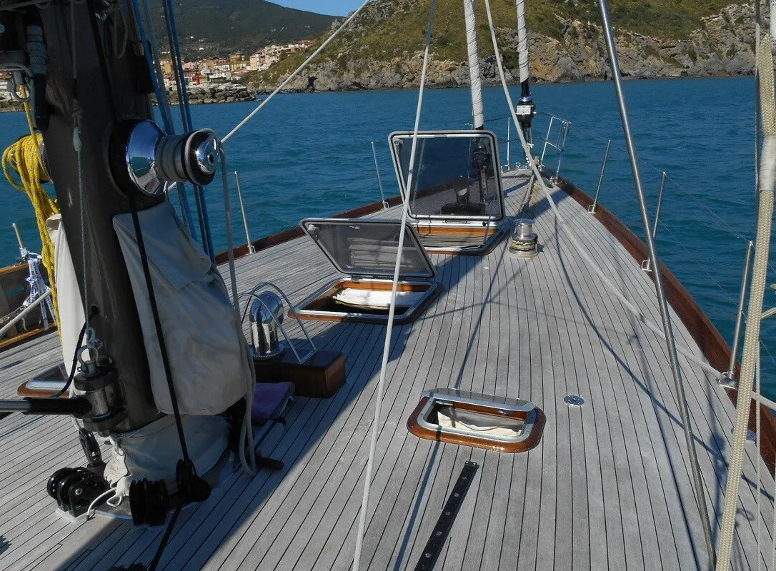Deck of Clan II, a Gulet Carlini Sciarelli 62.5 sailboat at Syracuse, Italy