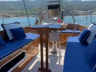 Cockpit of Clan II, a Gulet Carlini Sciarelli 62.5 sailboat at Syracuse, Italy