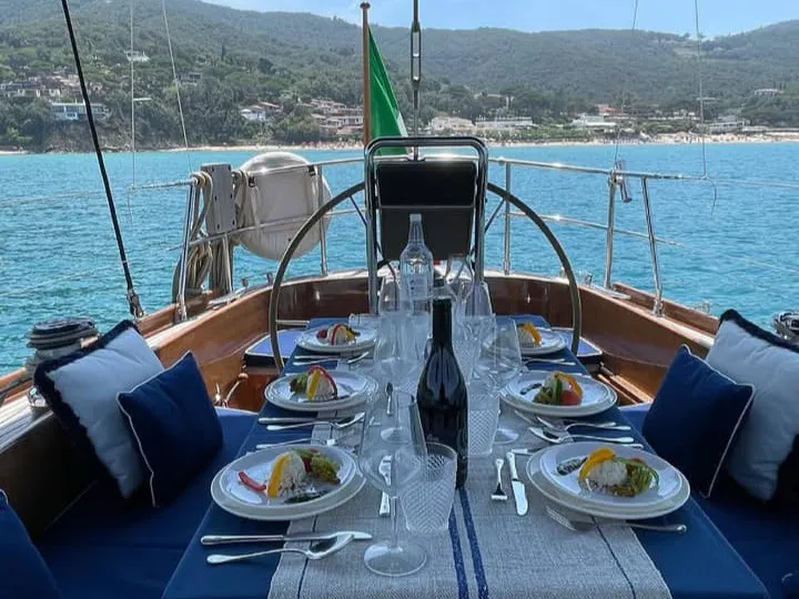 Deck of Clan II, a Gulet Carlini Sciarelli 62.5 sailboat at Syracuse, Italy