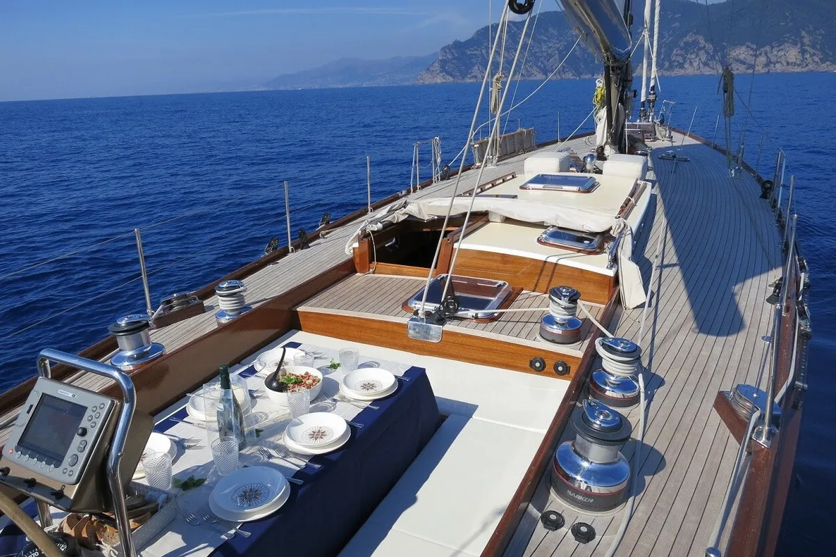 Deck of Clan II, a Gulet Carlini Sciarelli 62.5 sailboat at Syracuse, Italy