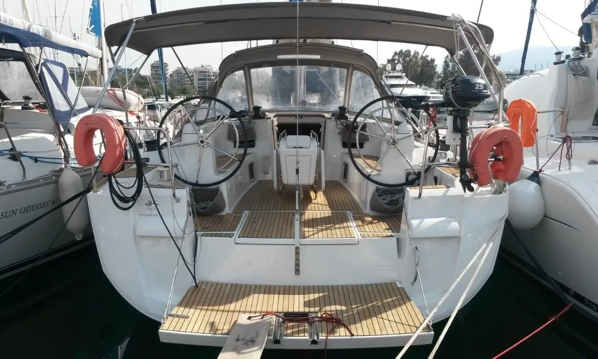 Cockpit of Blue Heaven, a Jeanneau Sun Odyssey 469 sailboat at Benitses, Greece