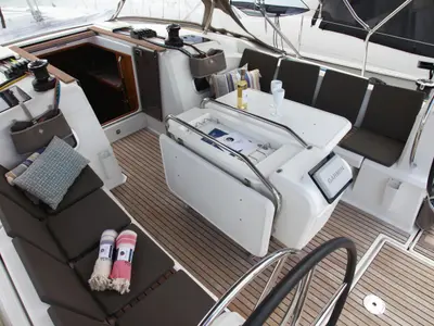 Deck of Blue Heaven, a Jeanneau Sun Odyssey 469 sailboat at Benitses, Greece