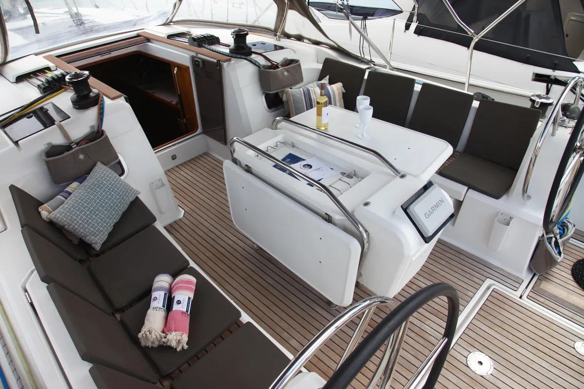 Deck of Blue Heaven, a Jeanneau Sun Odyssey 469 sailboat at Benitses, Greece