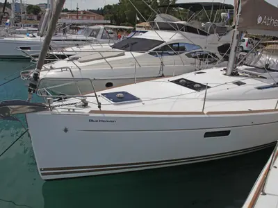 Exterior view of Blue Heaven, a Jeanneau Sun Odyssey 469 sailboat at Benitses, Greece