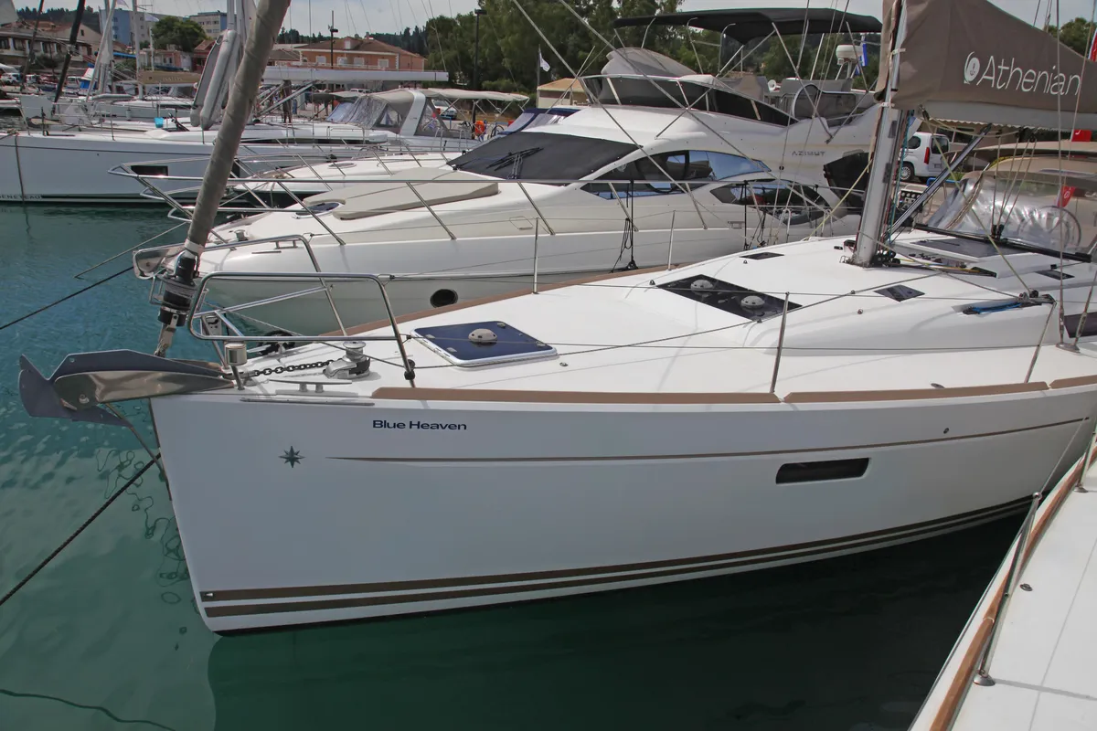 Exterior view of Blue Heaven, a Jeanneau Sun Odyssey 469 sailboat at Benitses, Greece