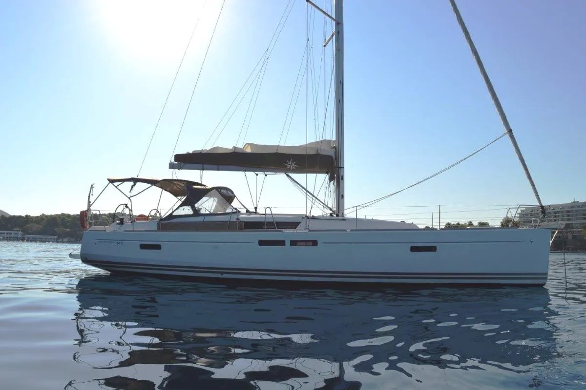 Exterior view of Blue Heaven, a Jeanneau Sun Odyssey 469 sailboat at Benitses, Greece