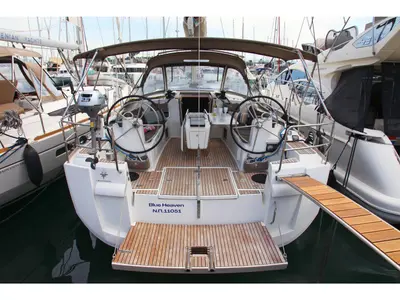 Cockpit of Blue Heaven, a Jeanneau Sun Odyssey 469 sailboat at Benitses, Greece