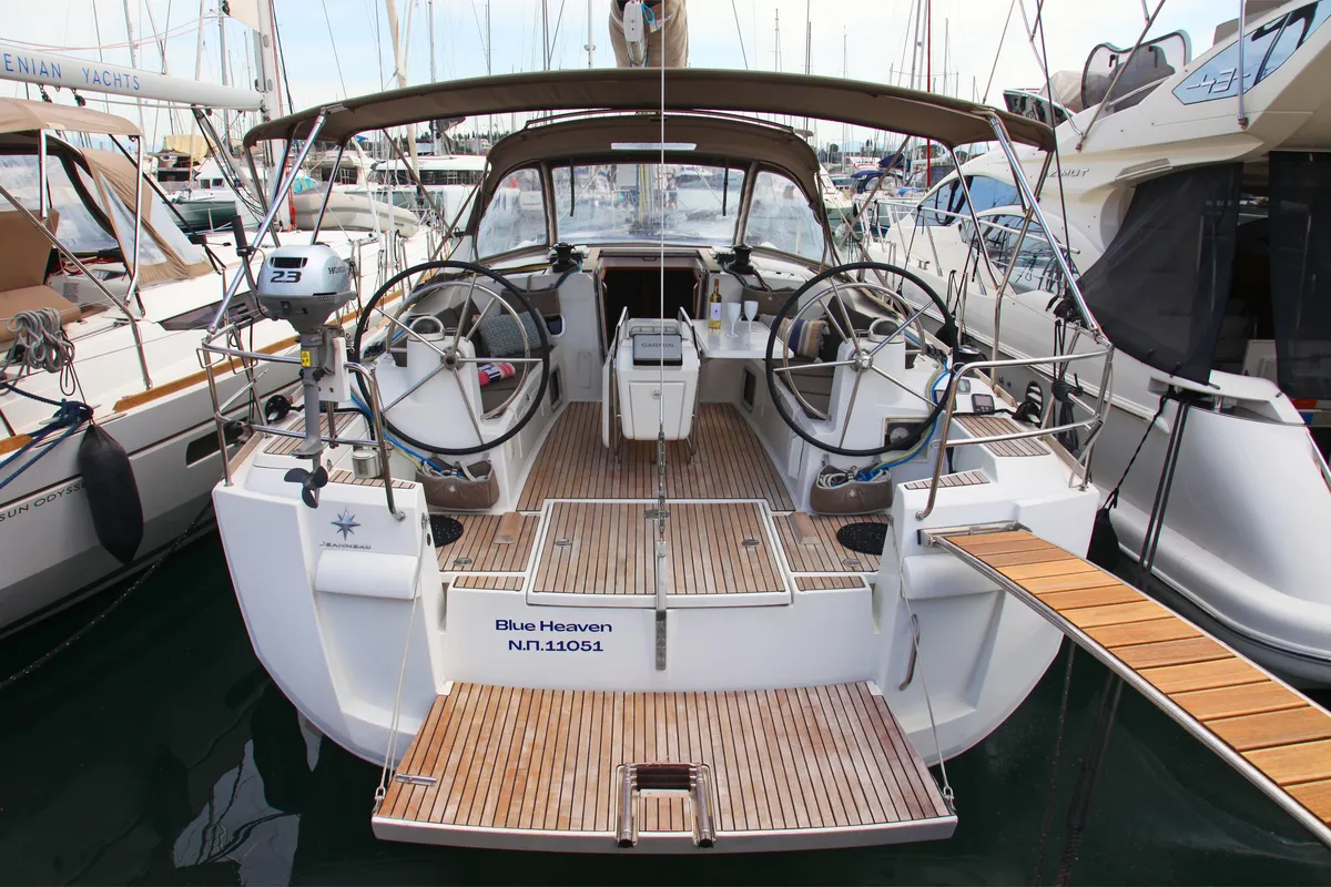Cockpit of Blue Heaven, a Jeanneau Sun Odyssey 469 sailboat at Benitses, Greece