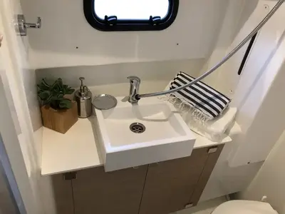 Galley of COSTAR, a Bali 4.1 catamaran at Rosignano Solvay, Italy