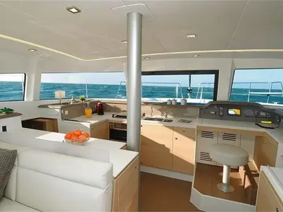 Cockpit of COSTAR, a Bali 4.1 catamaran at Rosignano Solvay, Italy