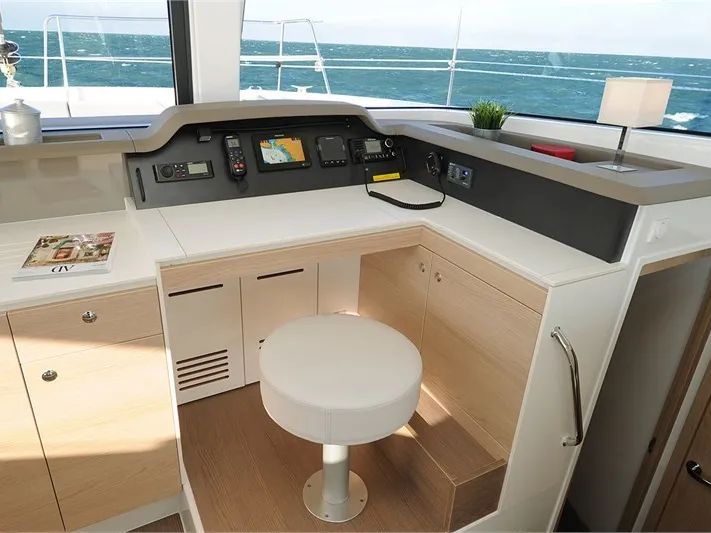 Cockpit of COSTAR, a Bali 4.1 catamaran at Rosignano Solvay, Italy