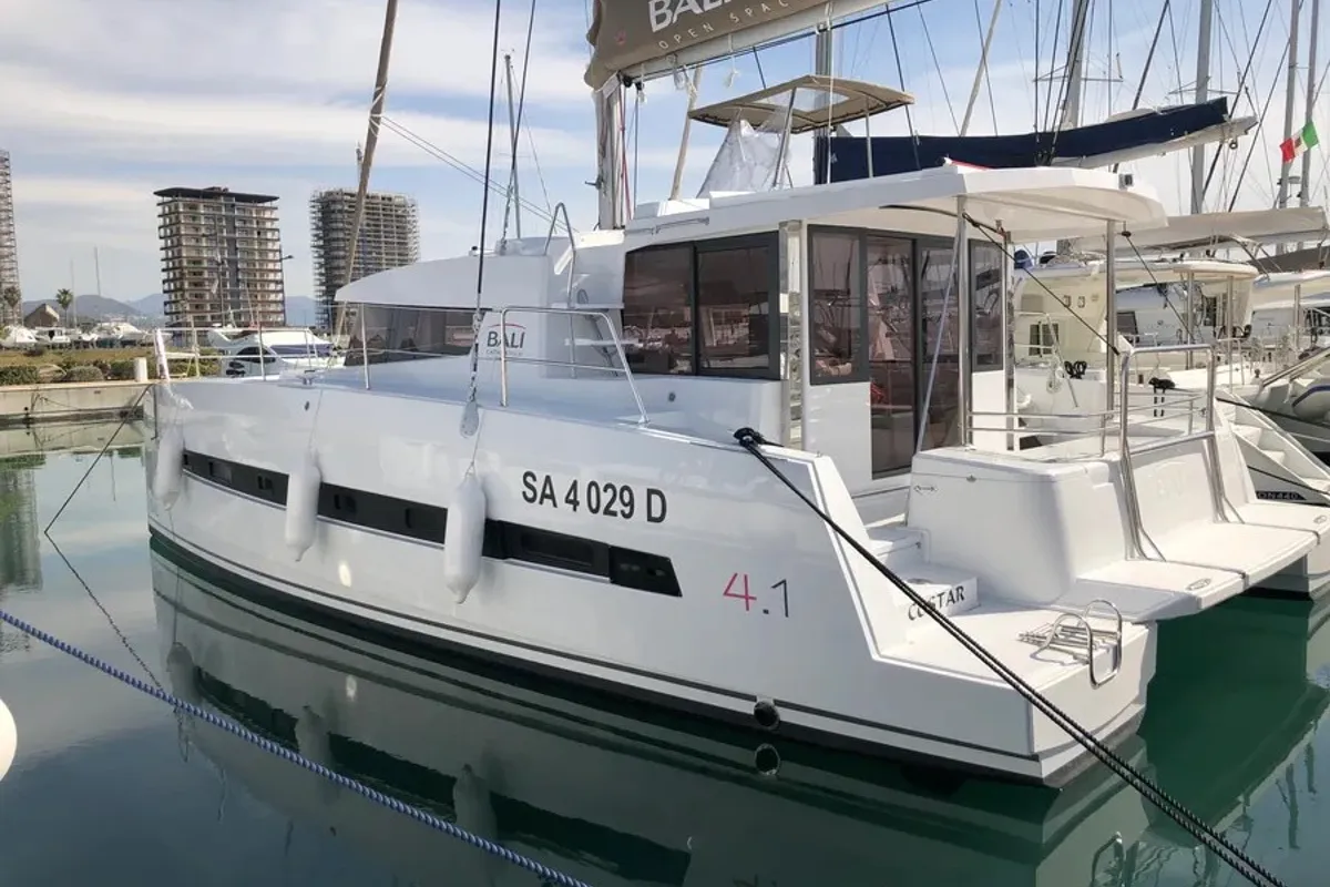Deck of COSTAR, a Bali 4.1 catamaran at Rosignano Solvay, Italy