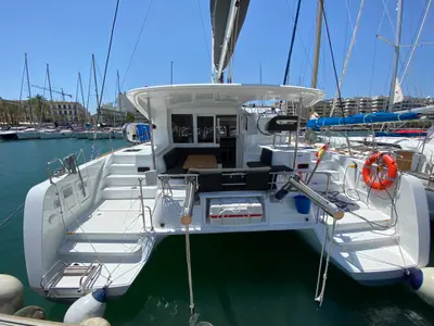 Deck of Eskimo, a Lagoon 40 catamaran at Ibiza, Spain