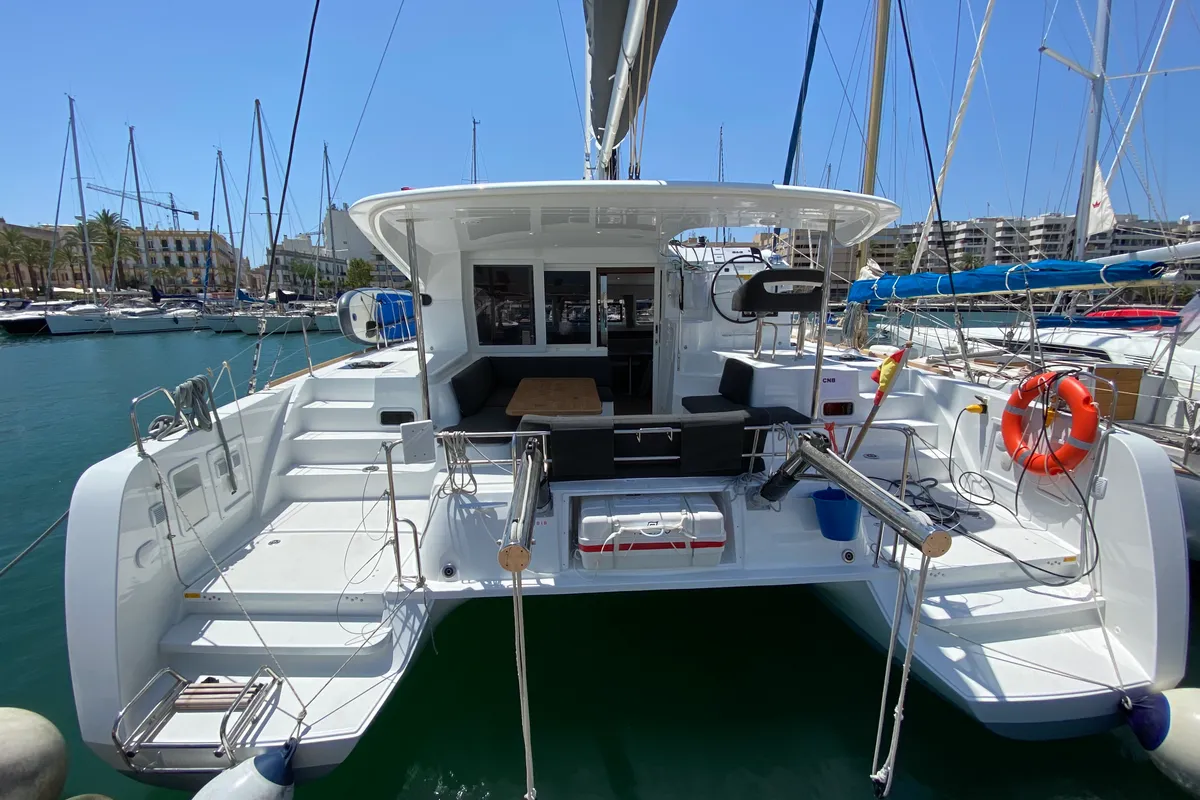 Deck of Eskimo, a Lagoon 40 catamaran at Ibiza, Spain
