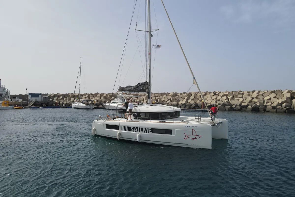 Exterior view of Eskimo, a Lagoon 40 catamaran at Ibiza, Spain