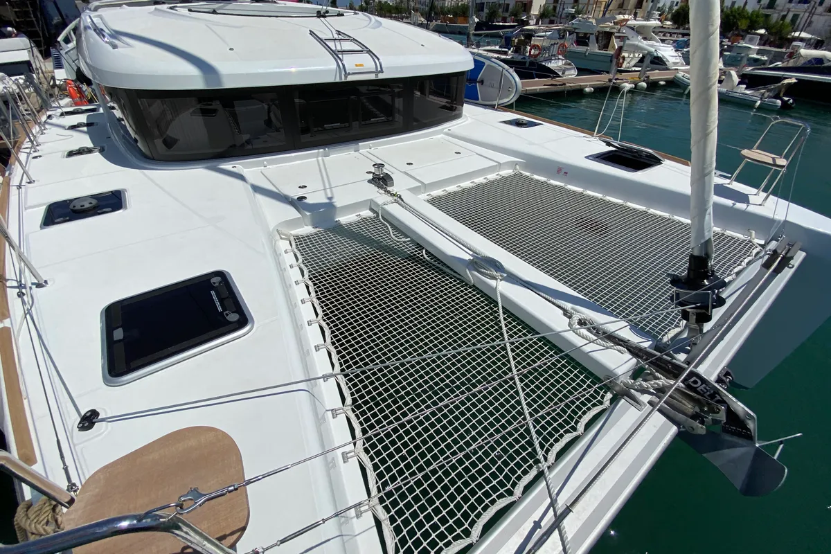 Deck of Eskimo, a Lagoon 40 catamaran at Ibiza, Spain