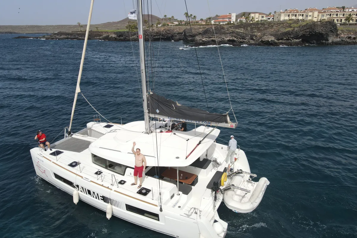 Exterior view of Eskimo, a Lagoon 40 catamaran at Ibiza, Spain