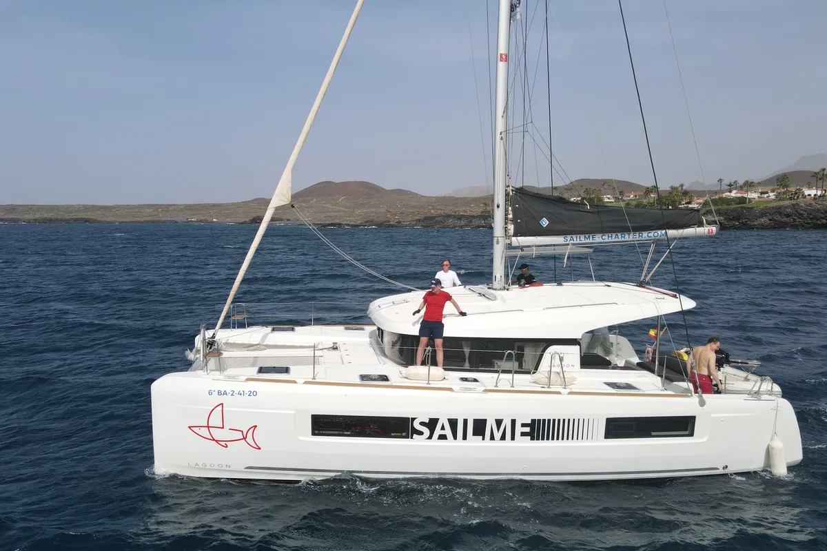 Exterior view of Eskimo, a Lagoon 40 catamaran at Ibiza, Spain