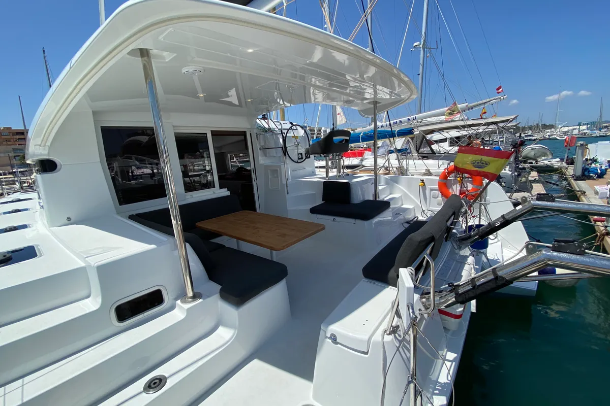 Deck of Eskimo, a Lagoon 40 catamaran at Ibiza, Spain