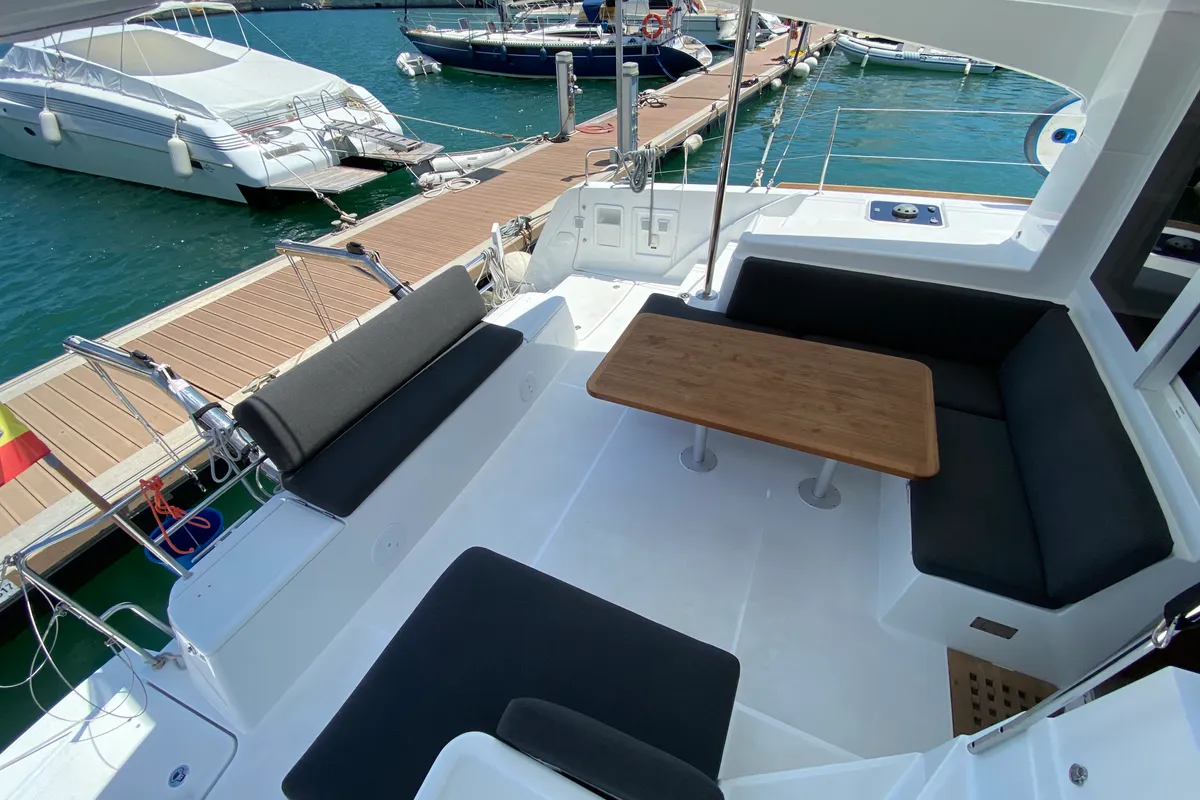 Deck of Eskimo, a Lagoon 40 catamaran at Ibiza, Spain