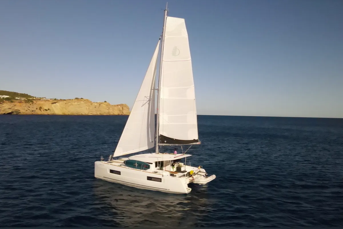 Exterior view of Eskimo, a Lagoon 40 catamaran at Ibiza, Spain