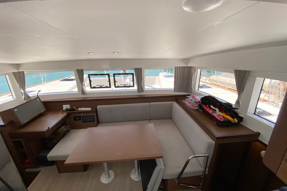 Salon of Eskimo, a Lagoon 40 catamaran at Ibiza, Spain